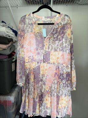 LOFT Lavender and Peach Patchwork Floral Long-Sleeve Dress